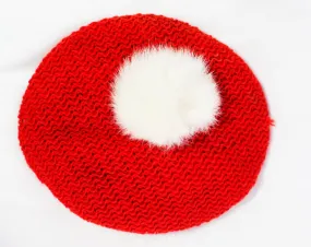 1950s Child's Hat - 40s 50s Girl's Red Winter Knit Cap with Fur Pom Pom & Ear Flaps - Age 2 to 4 NWT Deadstock - Topknot - Ties Under Chin