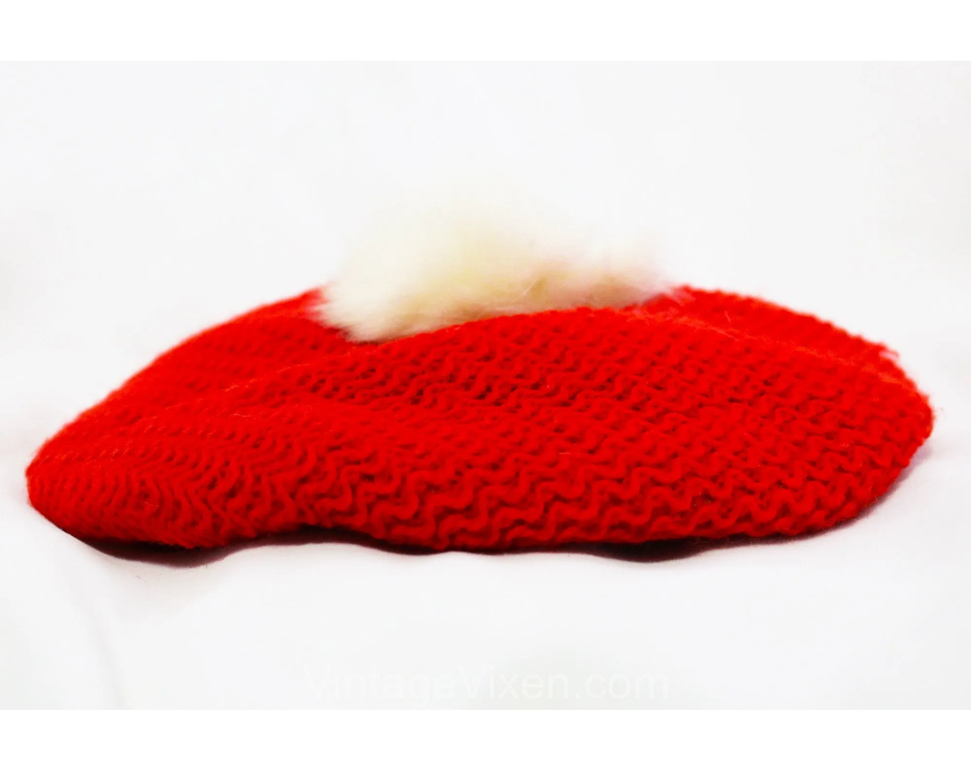 1950s Child's Hat - 40s 50s Girl's Red Winter Knit Cap with Fur Pom Pom & Ear Flaps - Age 2 to 4 NWT Deadstock - Topknot - Ties Under Chin