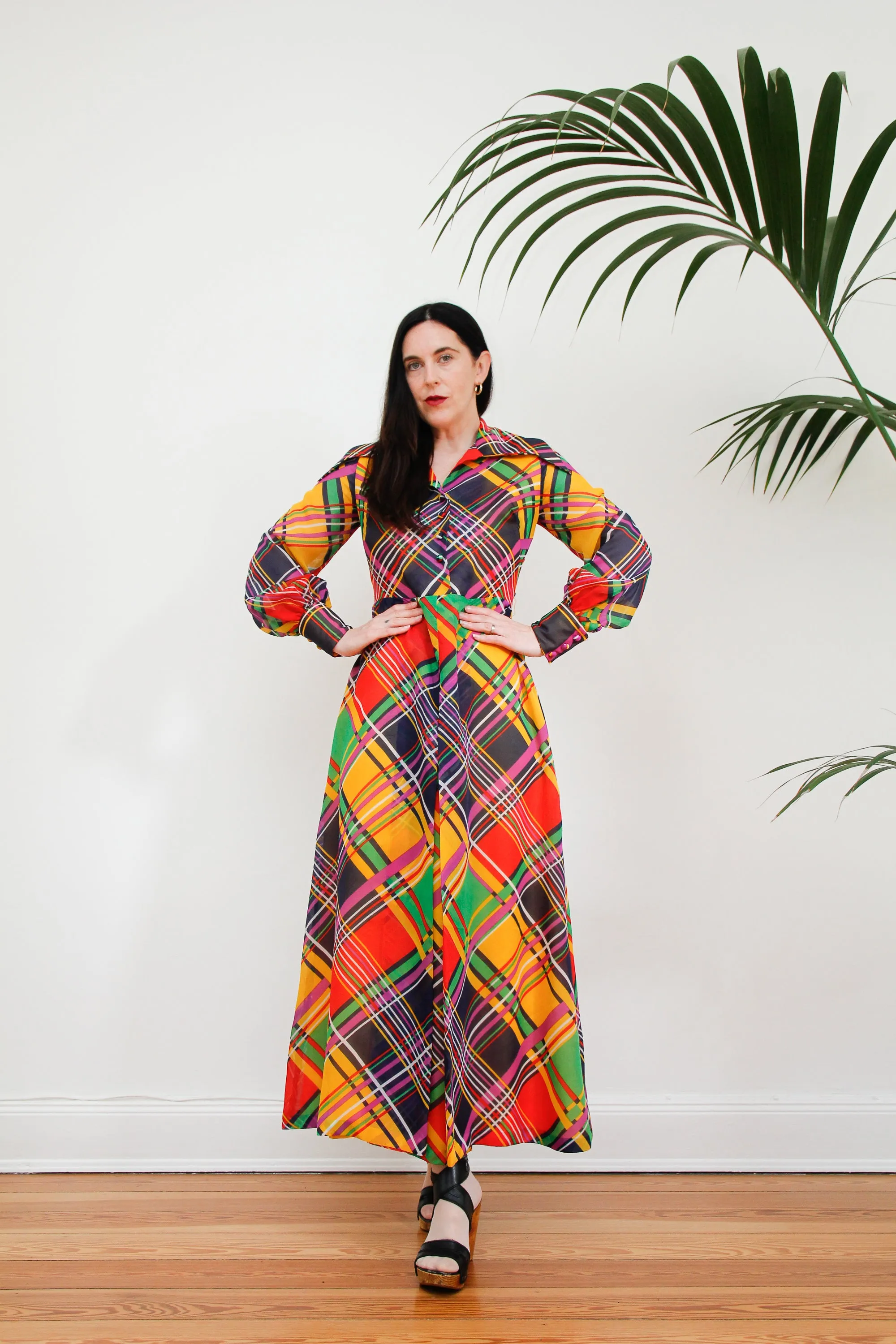 1970's Checked Paid Prairie Dagger Collar Dress