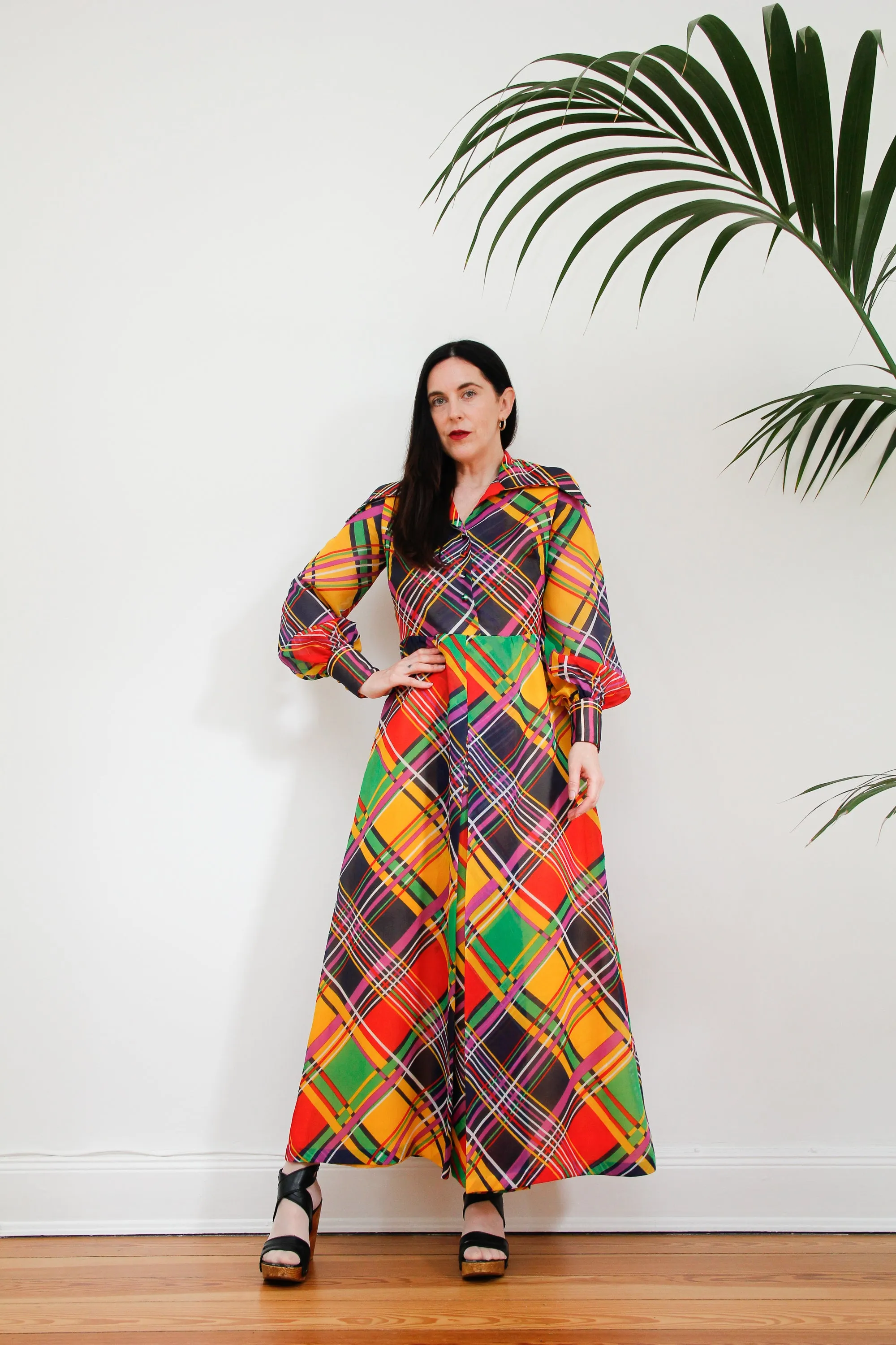 1970's Checked Paid Prairie Dagger Collar Dress