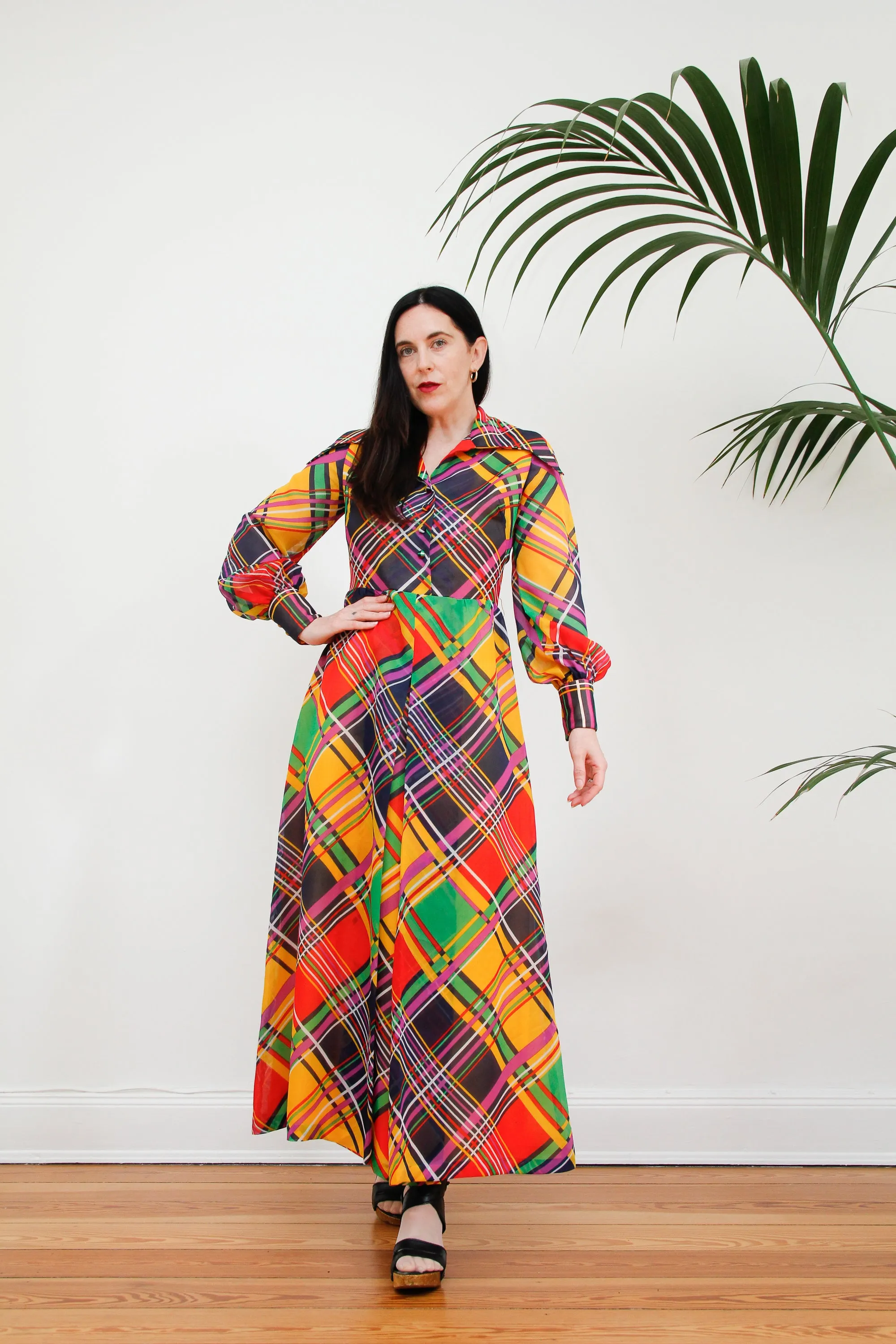 1970's Checked Paid Prairie Dagger Collar Dress