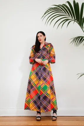 1970's Checked Paid Prairie Dagger Collar Dress