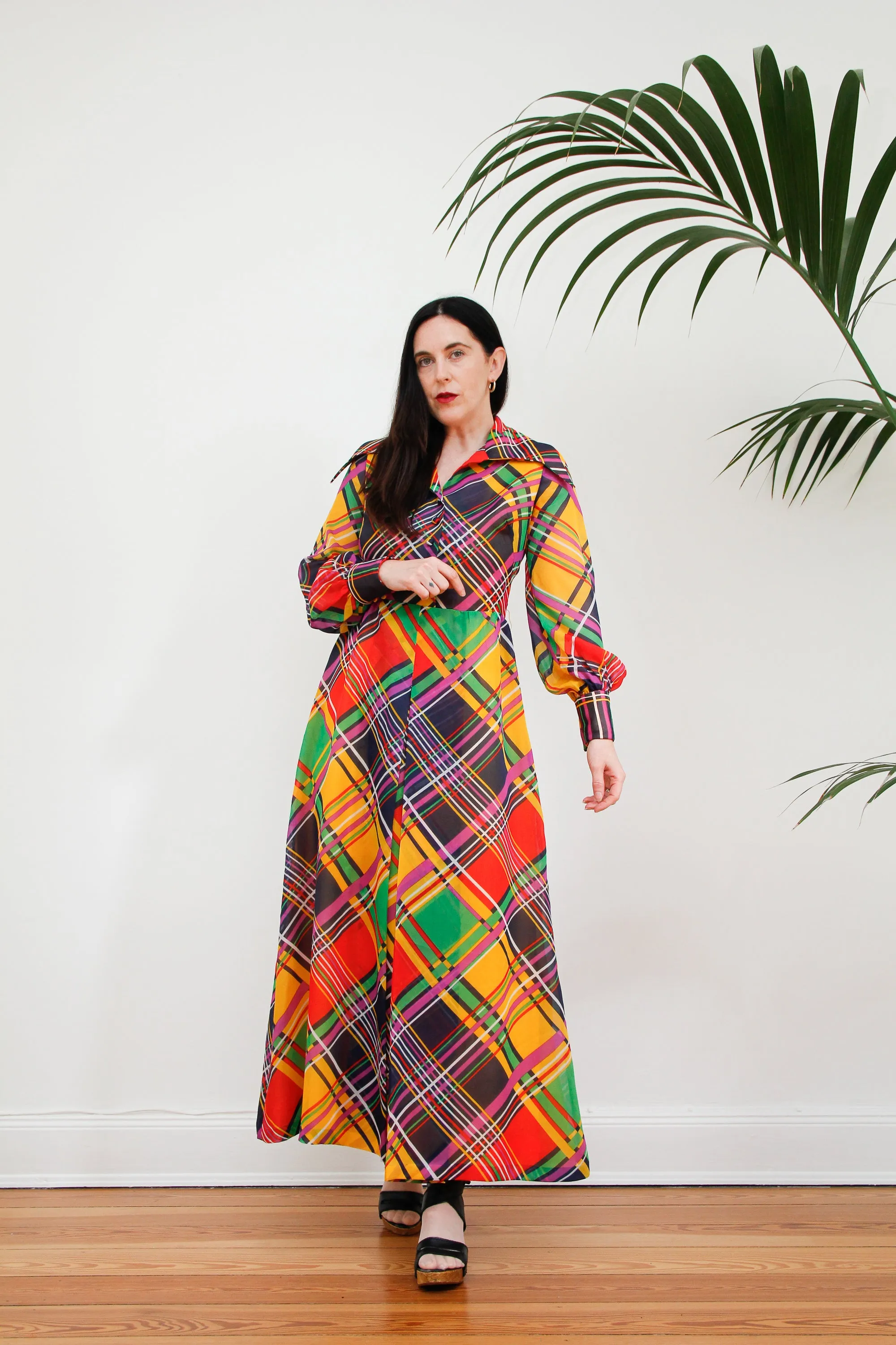 1970's Checked Paid Prairie Dagger Collar Dress
