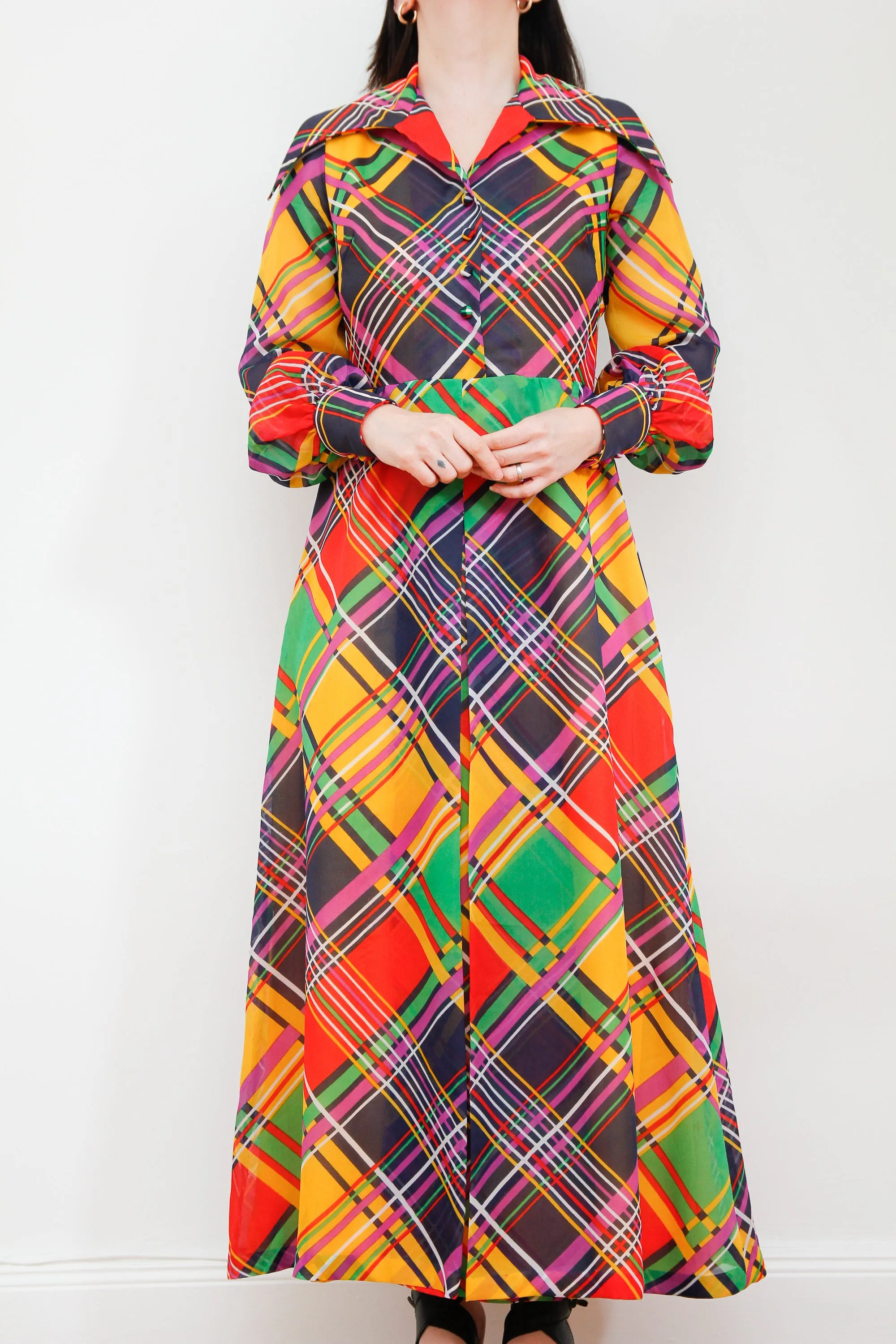 1970's Checked Paid Prairie Dagger Collar Dress