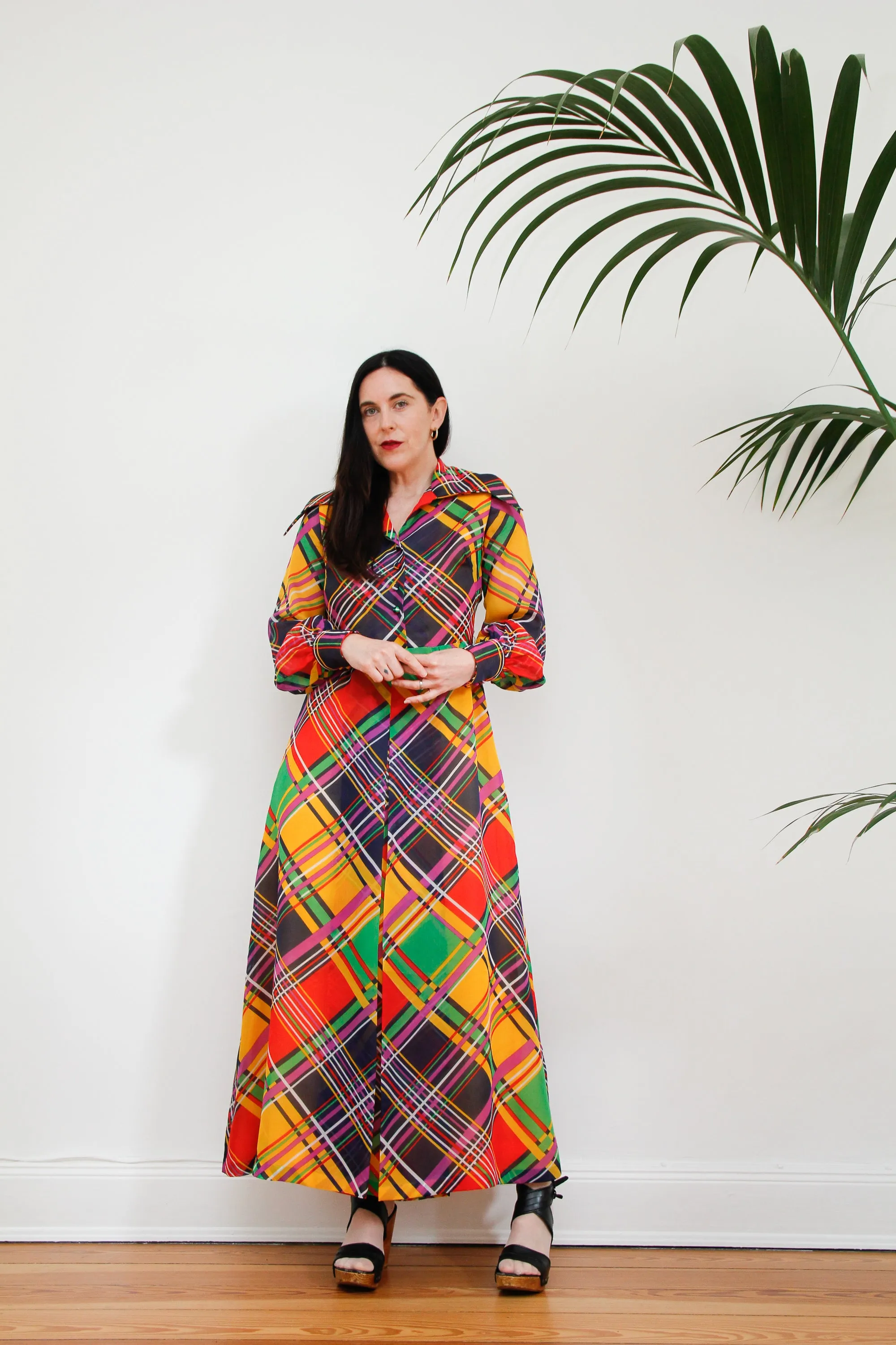 1970's Checked Paid Prairie Dagger Collar Dress