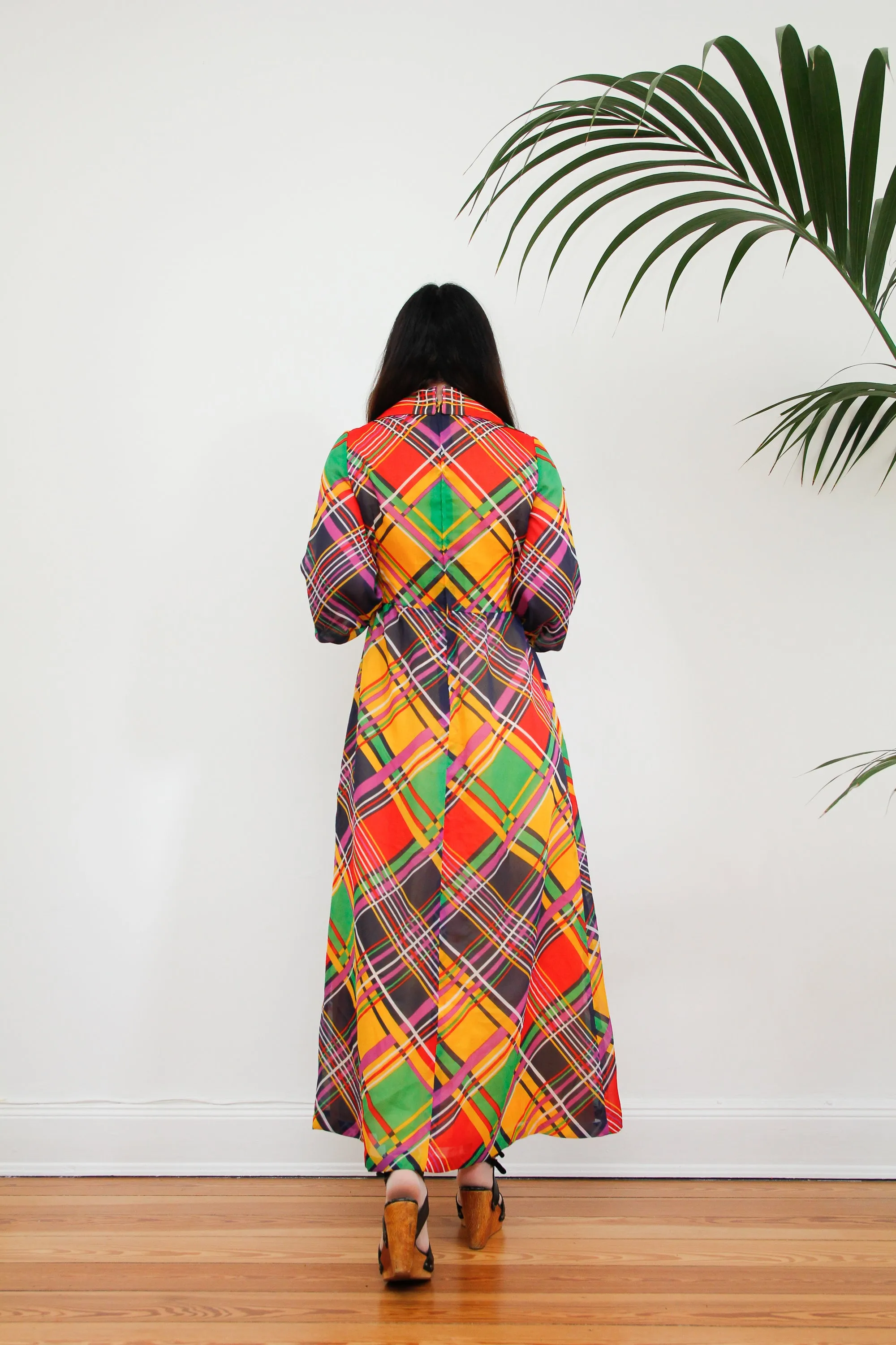 1970's Checked Paid Prairie Dagger Collar Dress