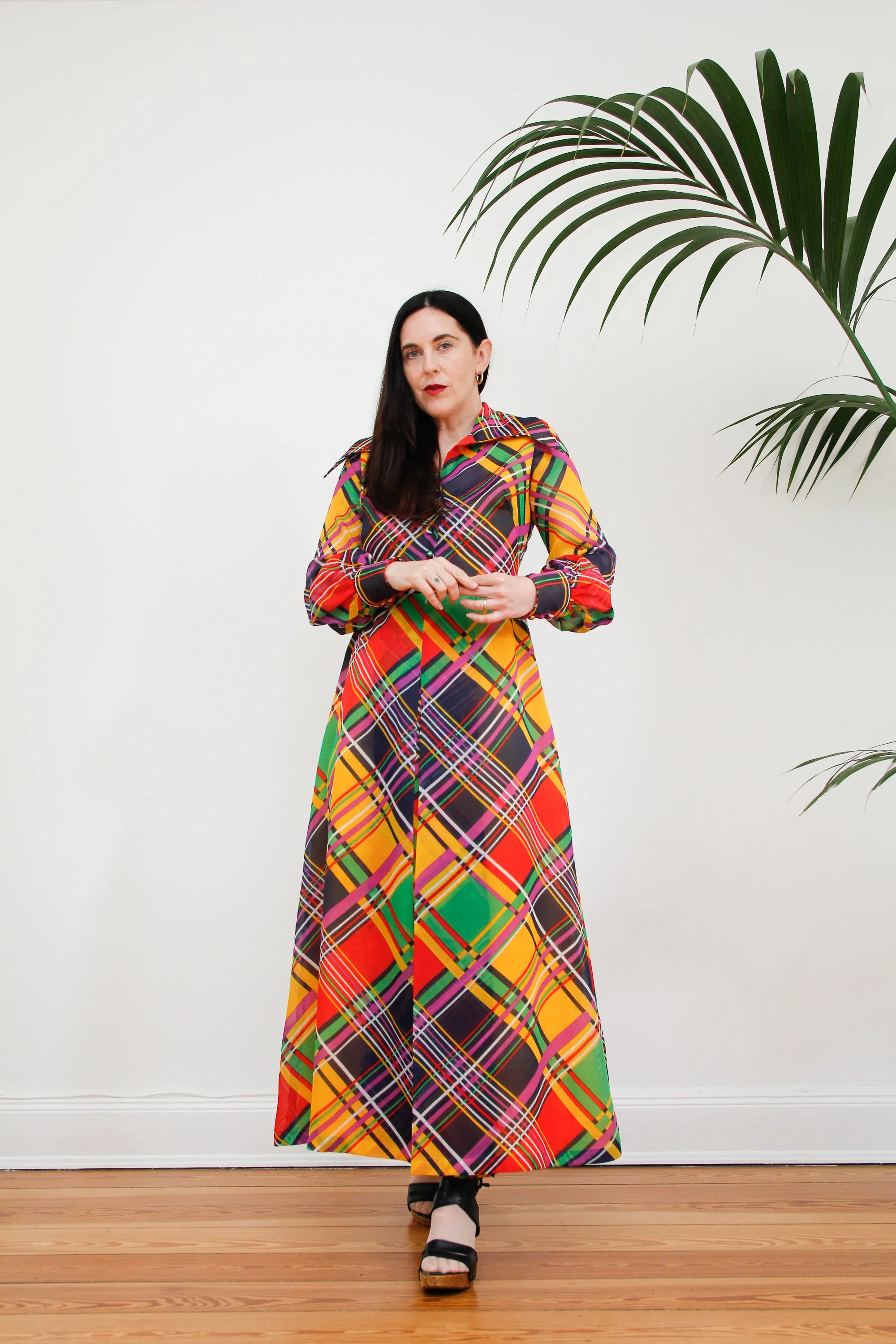 1970's Checked Paid Prairie Dagger Collar Dress