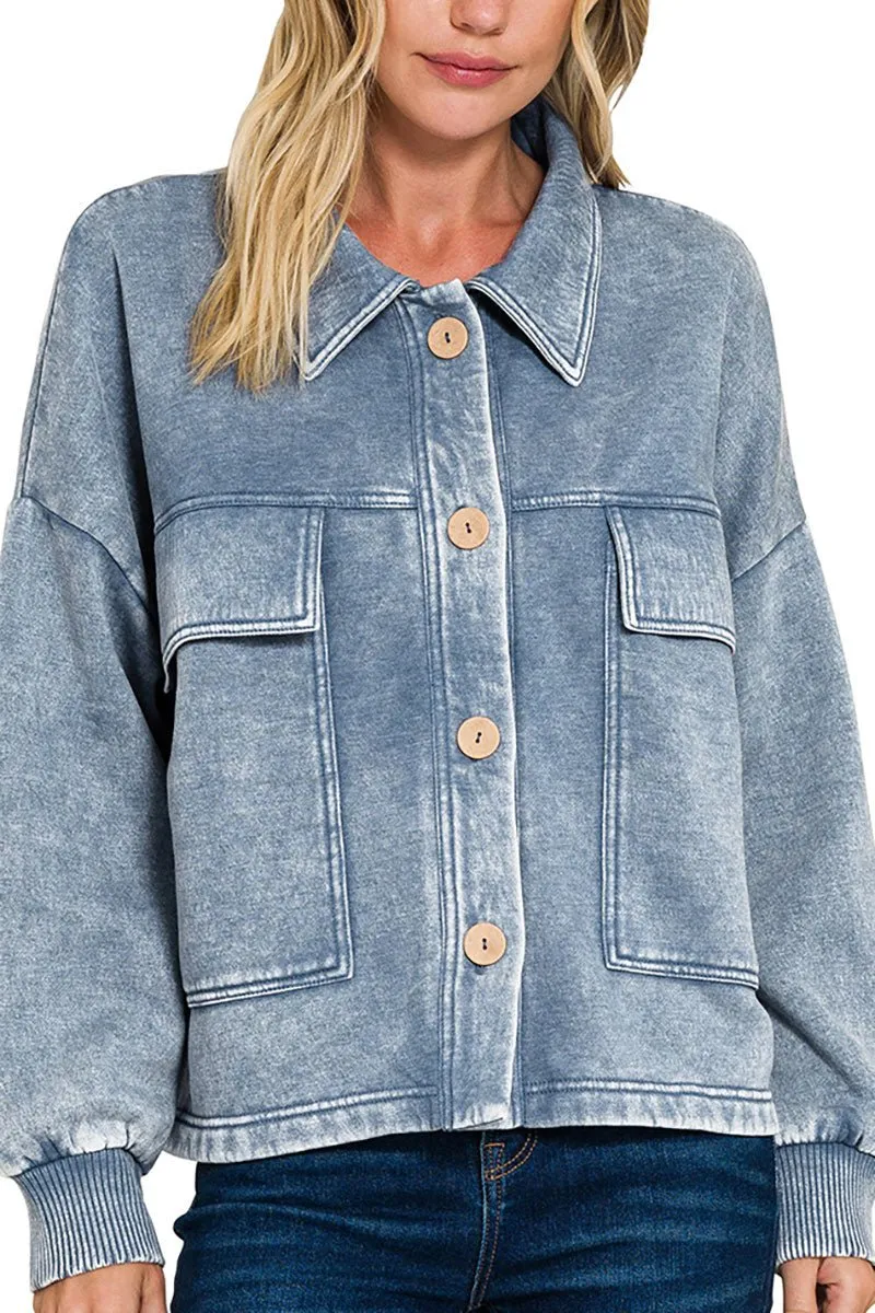 30% OFF! Zenana Embrace the Chill Dusty Blue Acid Wash Cropped Shacket