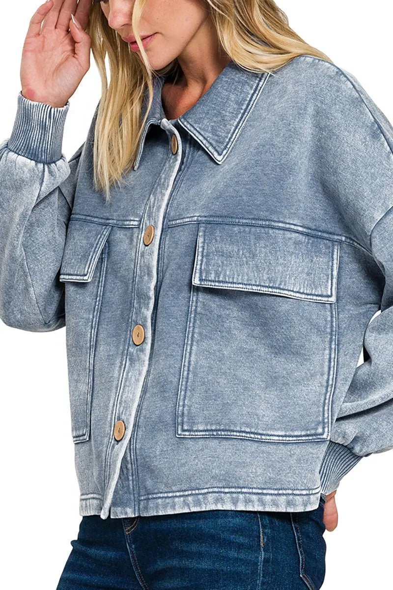 30% OFF! Zenana Embrace the Chill Dusty Blue Acid Wash Cropped Shacket