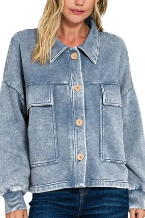 30% OFF! Zenana Embrace the Chill Dusty Blue Acid Wash Cropped Shacket