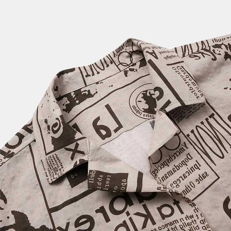 3XL Men’s Vintage Newspaper Print Hawaiian Shirt – Trendy Casual Summer Shirt