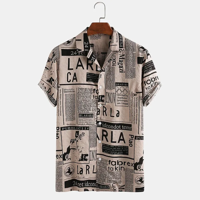 3XL Men’s Vintage Newspaper Print Hawaiian Shirt – Trendy Casual Summer Shirt