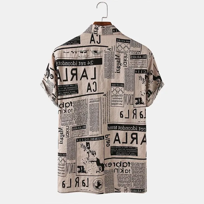 3XL Men’s Vintage Newspaper Print Hawaiian Shirt – Trendy Casual Summer Shirt
