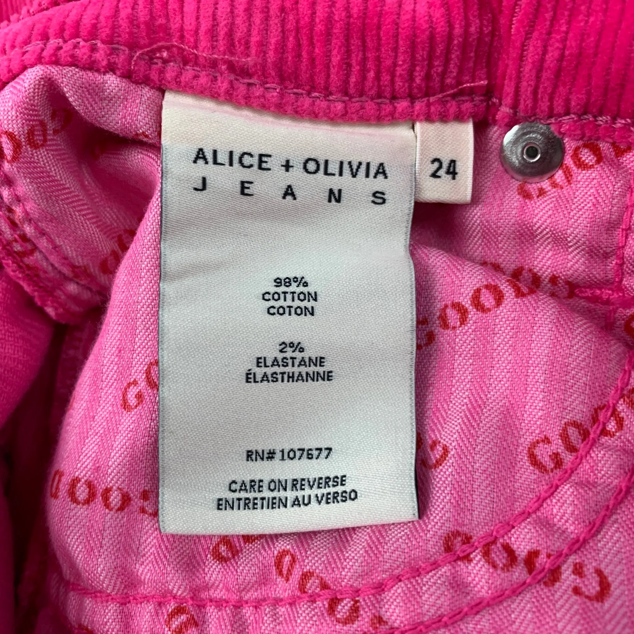 ALICE   OLIVIA Size 24 Pink Cotton Corduroy Jean Cut Pants