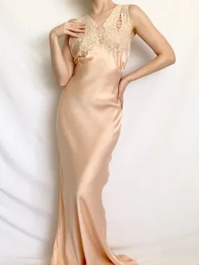 Antique 1930s Pure Silk Pink Bias Gown (XS)