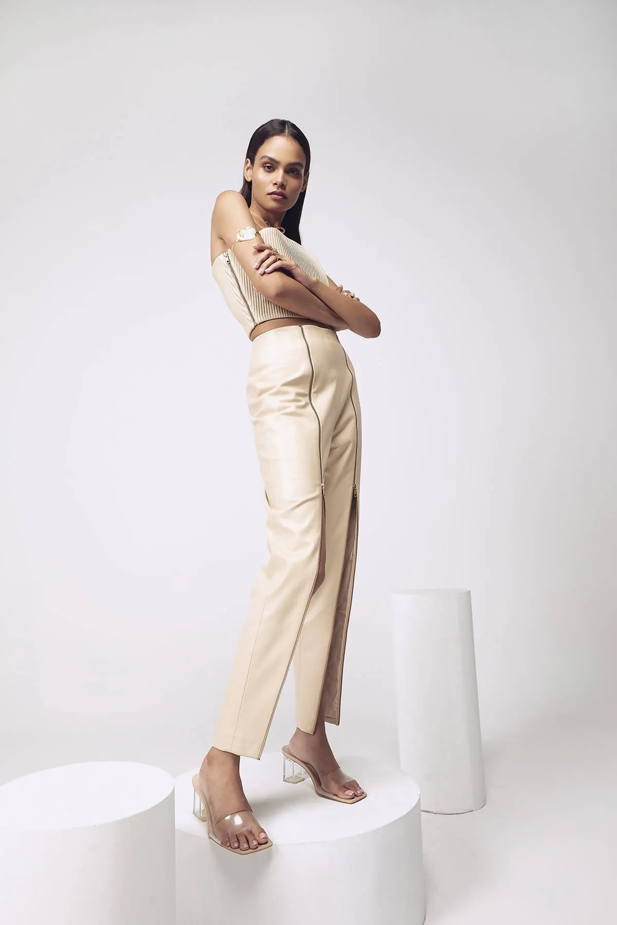 Artificial Leather Zip Pants in Beige