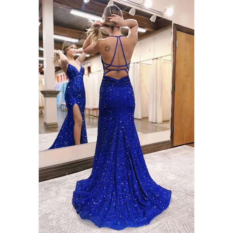 Backless Straps V Neck Mermaid Slit Sequined Party Prom Dress