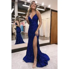 Backless Straps V Neck Mermaid Slit Sequined Party Prom Dress