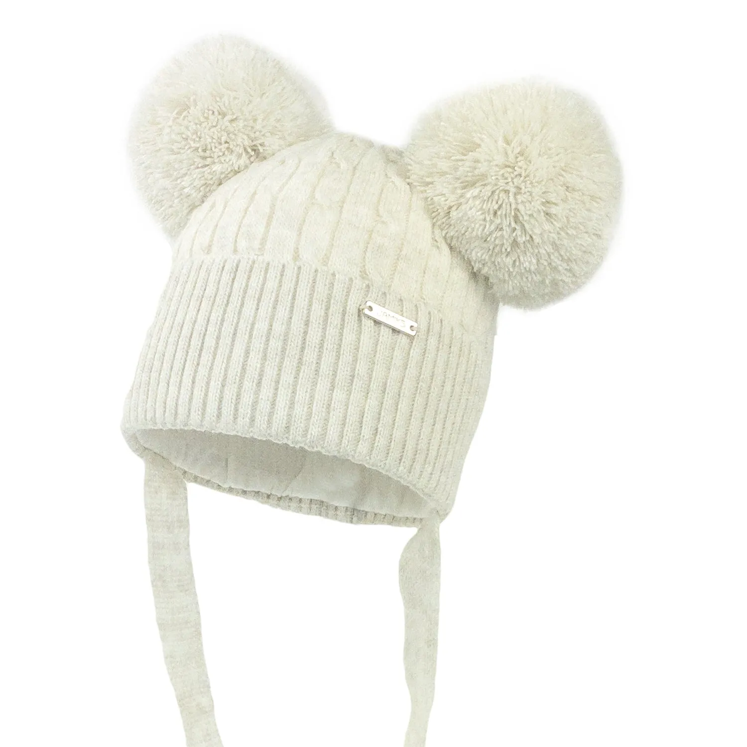 Beige Cable Double Pom Hat