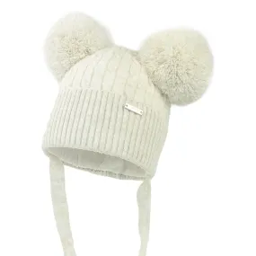 Beige Cable Double Pom Hat