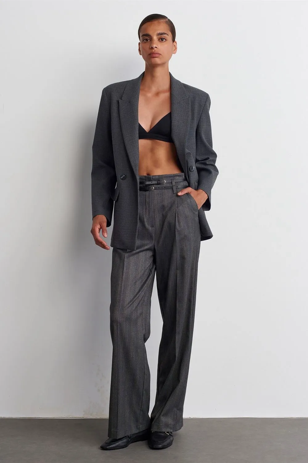 Belted High-Waist Pants - Gray