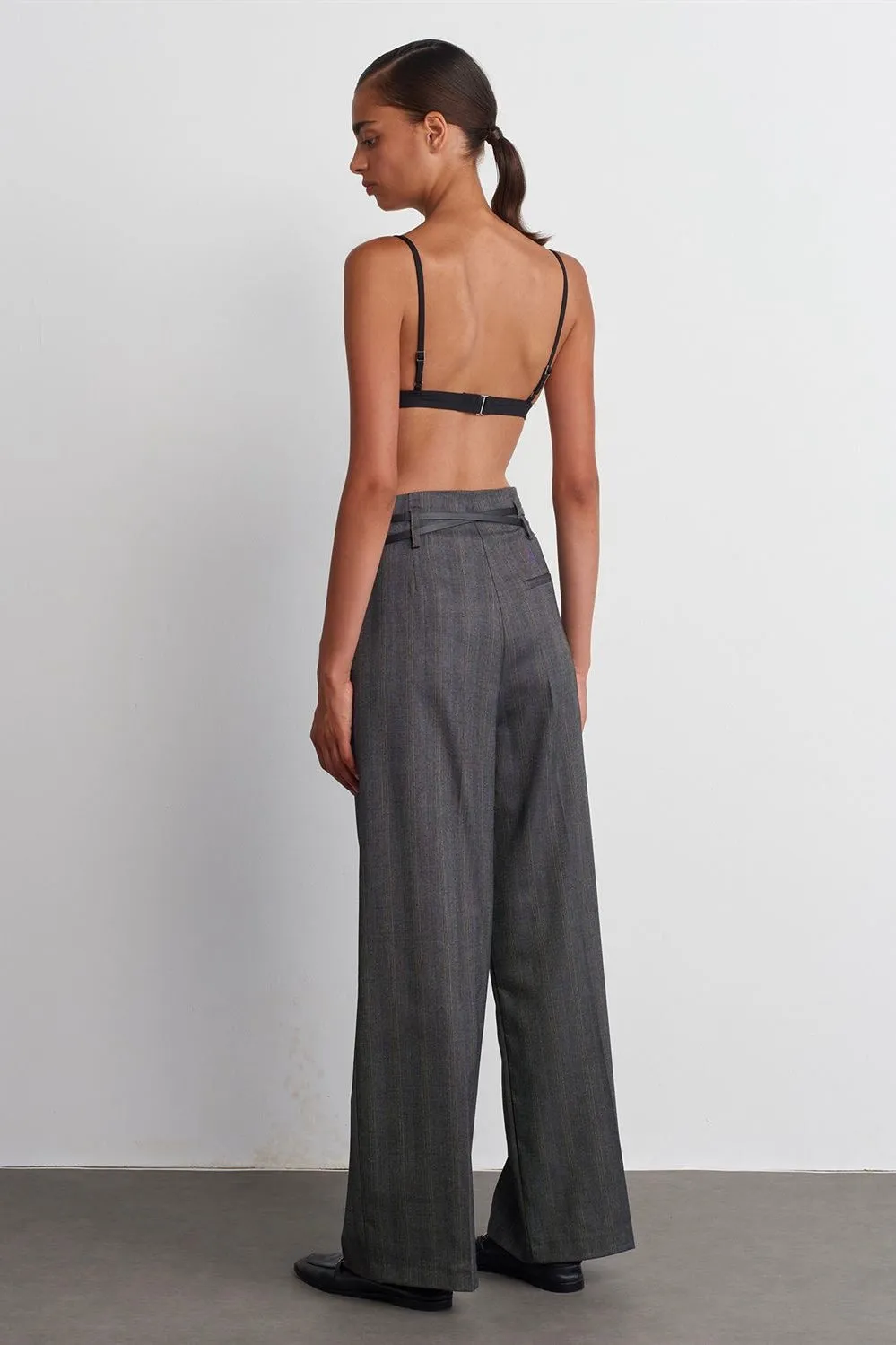 Belted High-Waist Pants - Gray