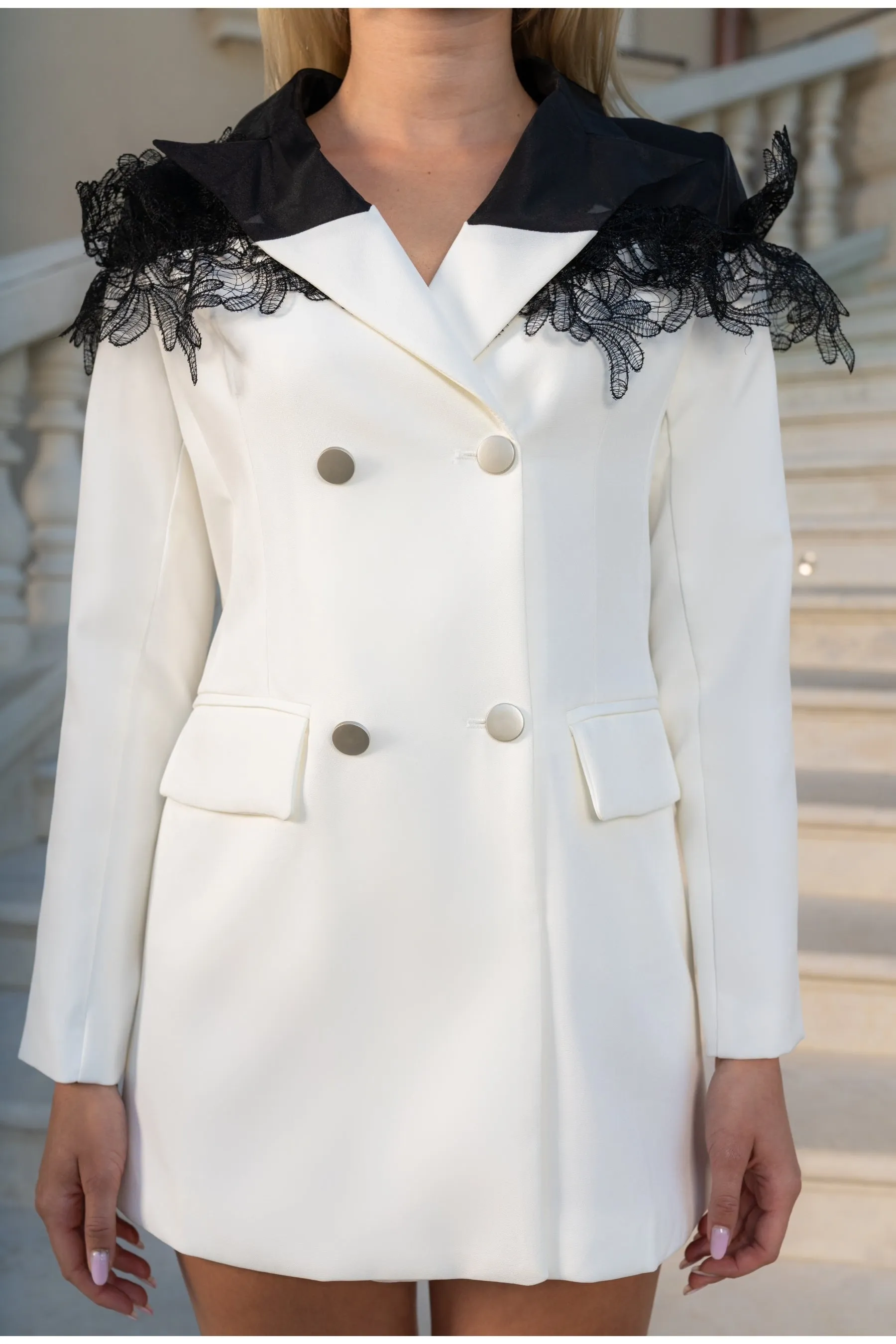 Black & White Contrast Blazer with Lace Detailing