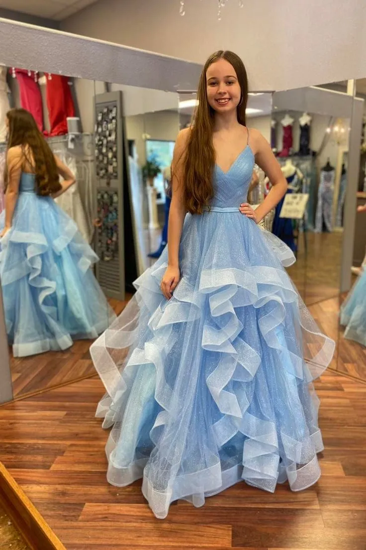 Blue Tulle Multi-Tiered A-Line Prom Gown       fg4144