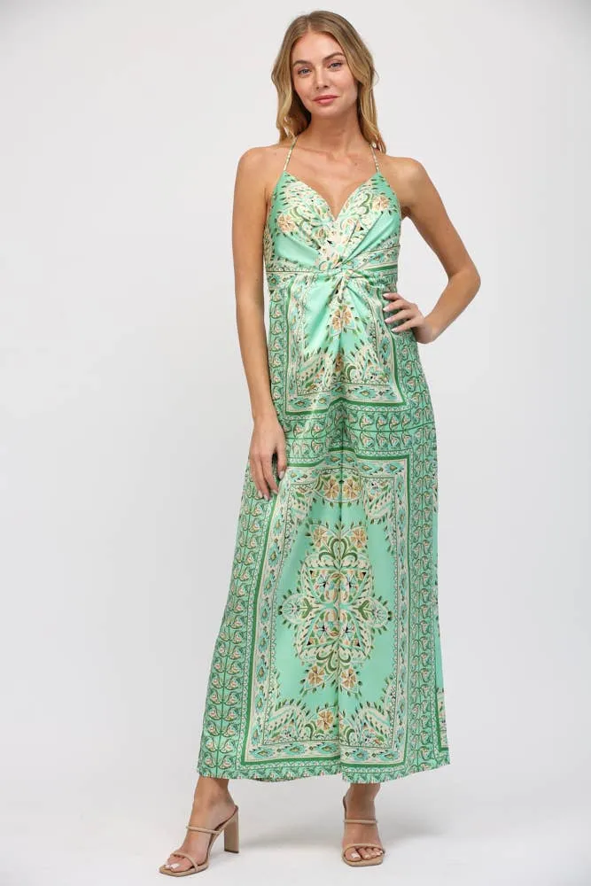 Border Print Tie Front Green Paisley Jumpsuit