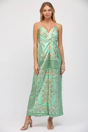 Border Print Tie Front Green Paisley Jumpsuit