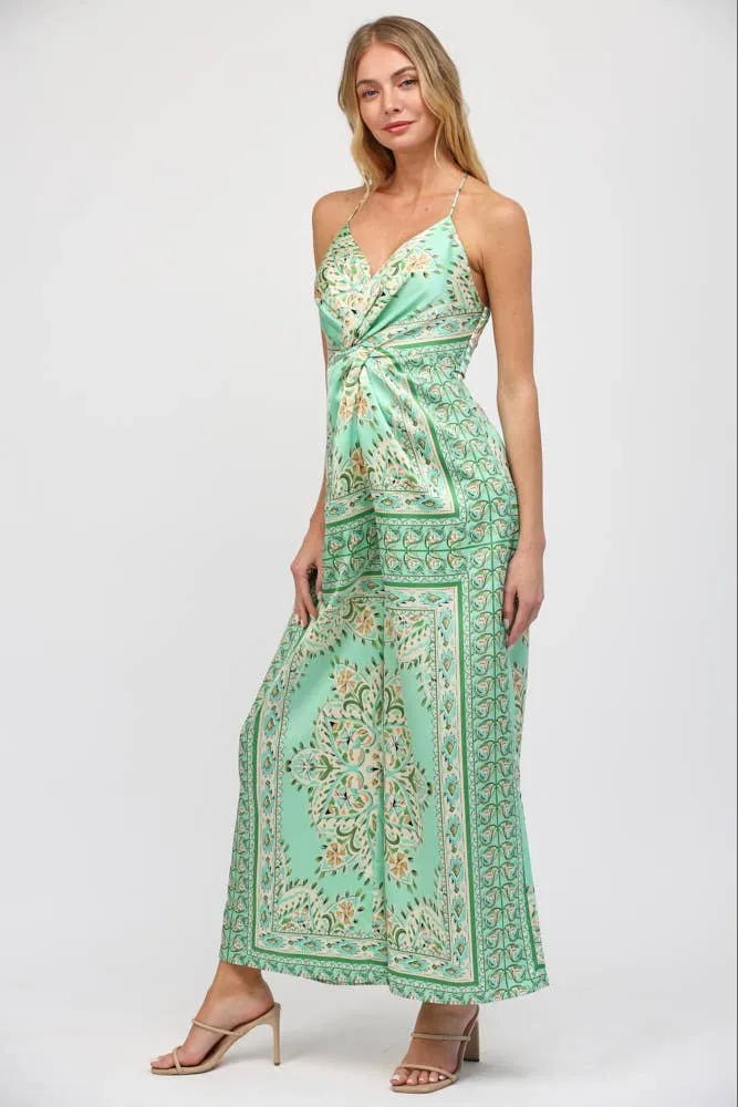 Border Print Tie Front Green Paisley Jumpsuit
