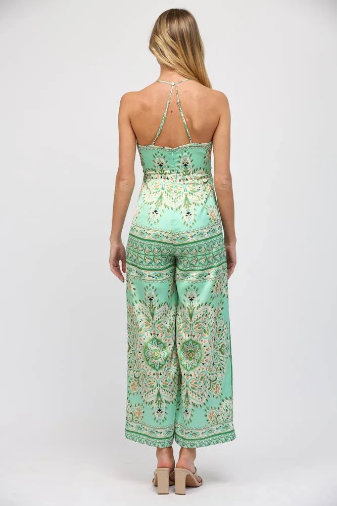 Border Print Tie Front Green Paisley Jumpsuit