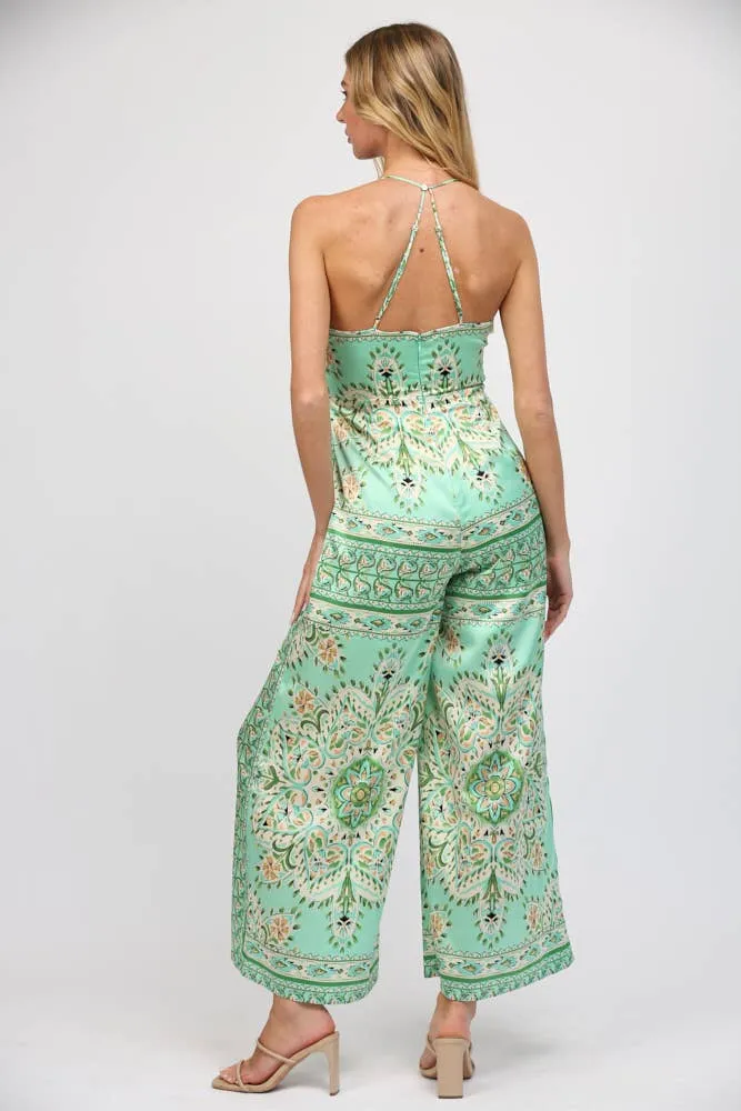 Border Print Tie Front Green Paisley Jumpsuit