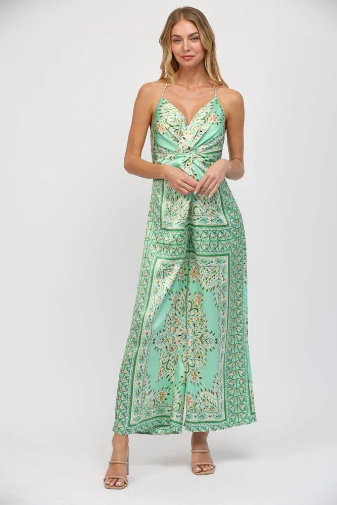 Border Print Tie Front Green Paisley Jumpsuit