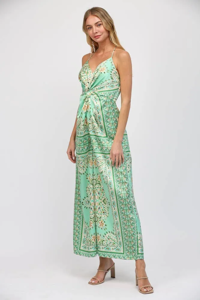 Border Print Tie Front Green Paisley Jumpsuit