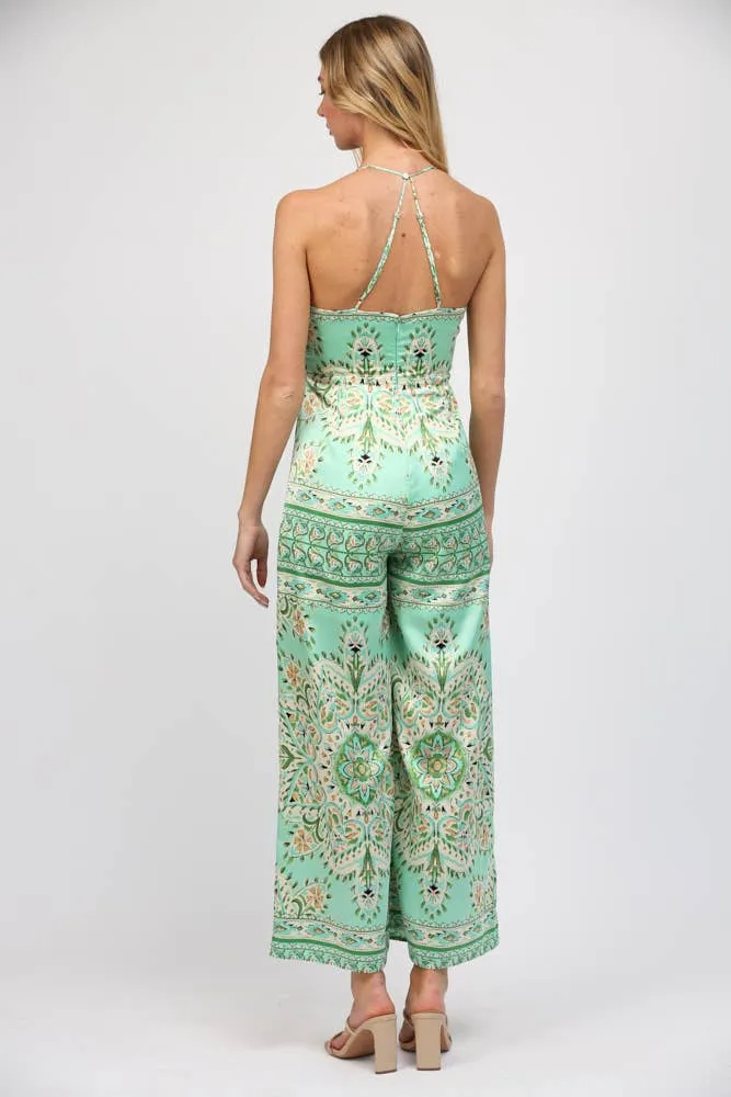 Border Print Tie Front Green Paisley Jumpsuit