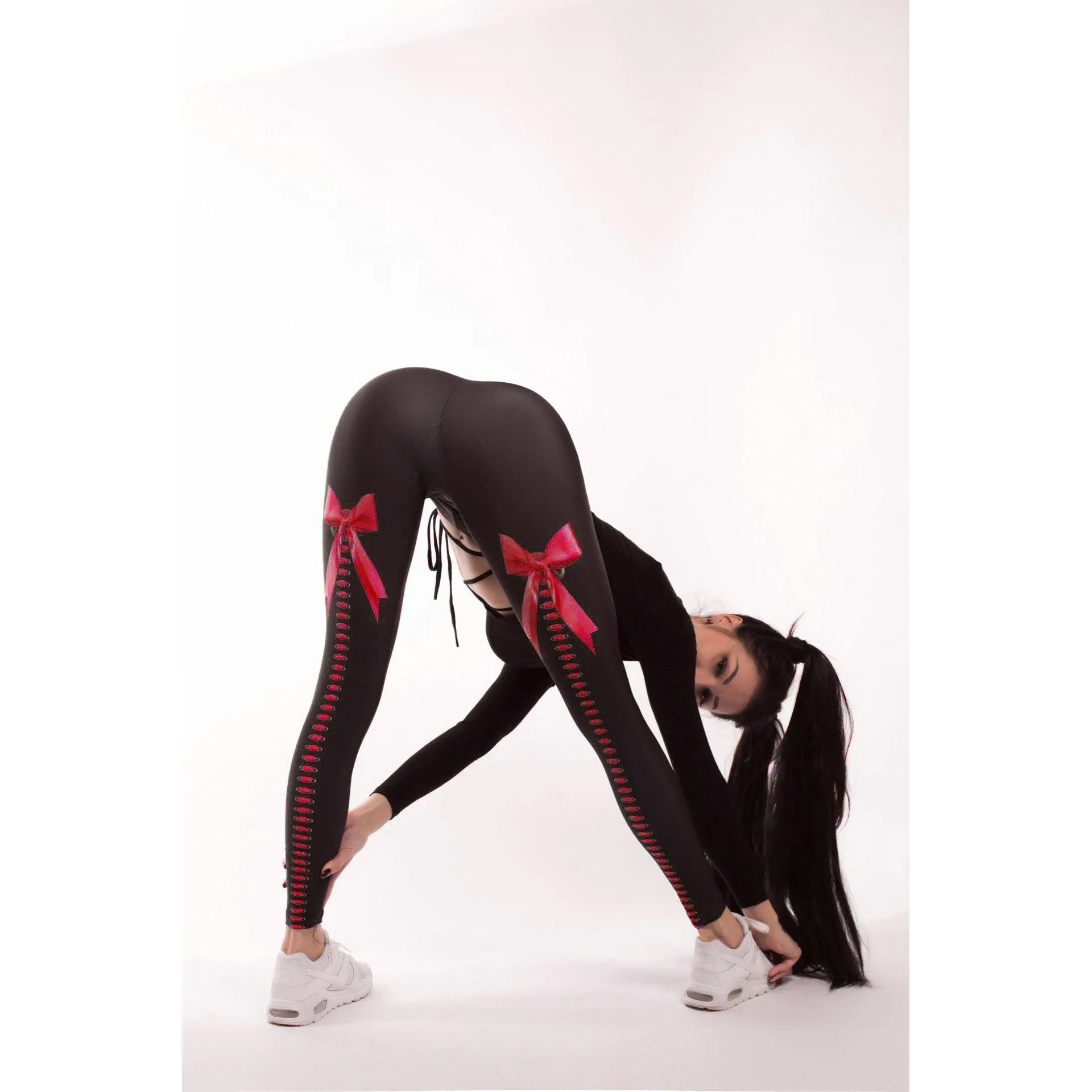 Bowknot Print High Waist Patchwork Slim Elastic Leggings Yoga Sports Pants