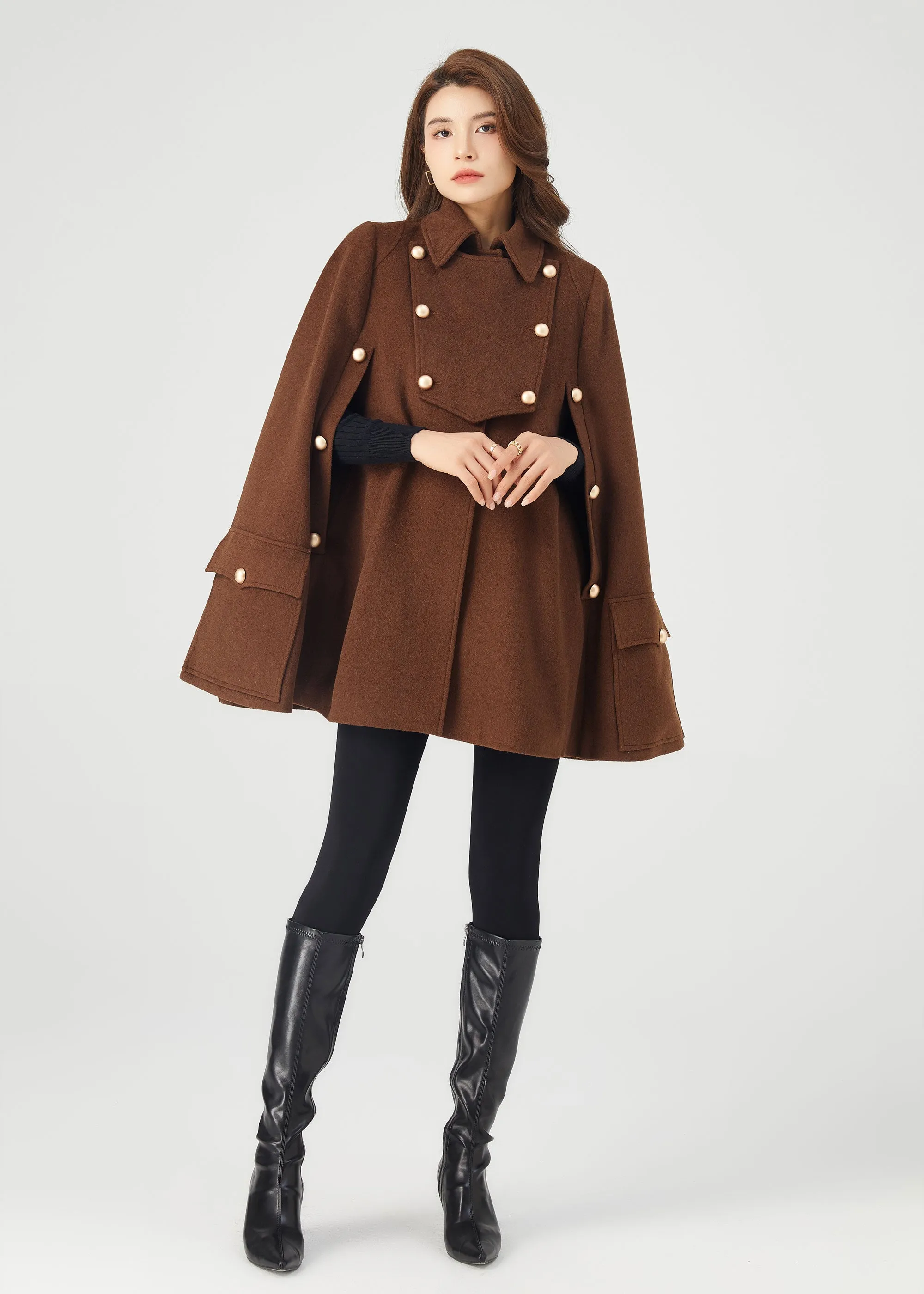 Brown winter wool cape coat women C3685