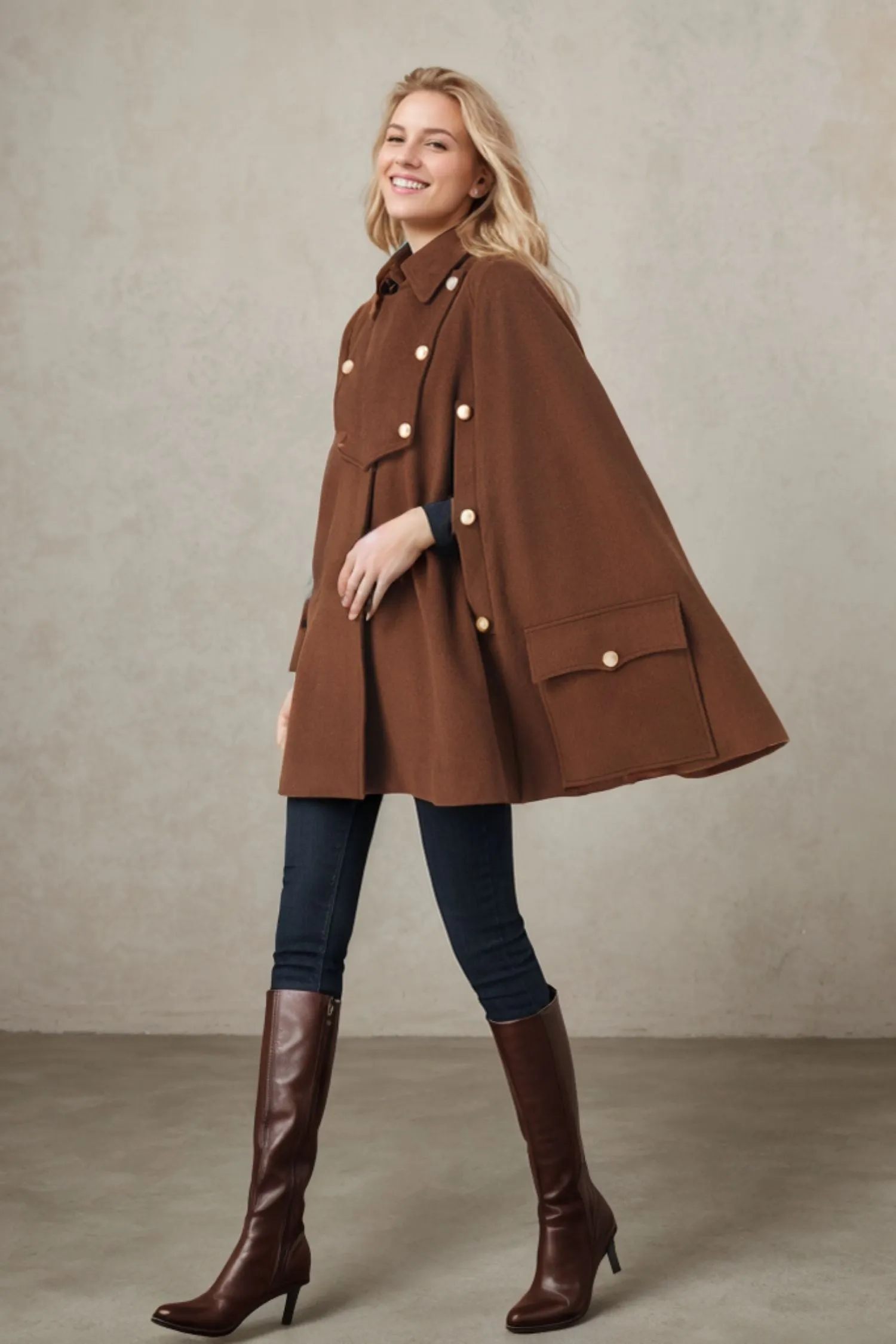 Brown winter wool cape coat women C3685