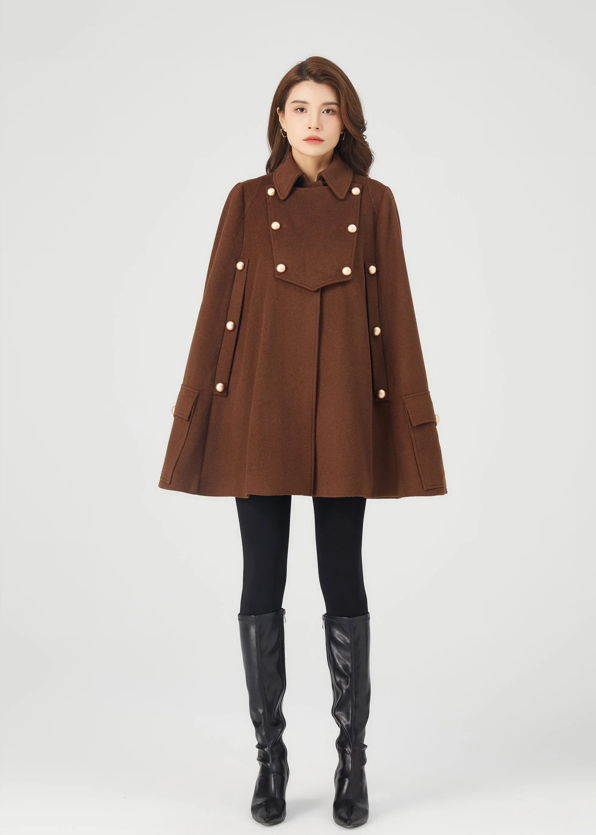 Brown winter wool cape coat women C3685