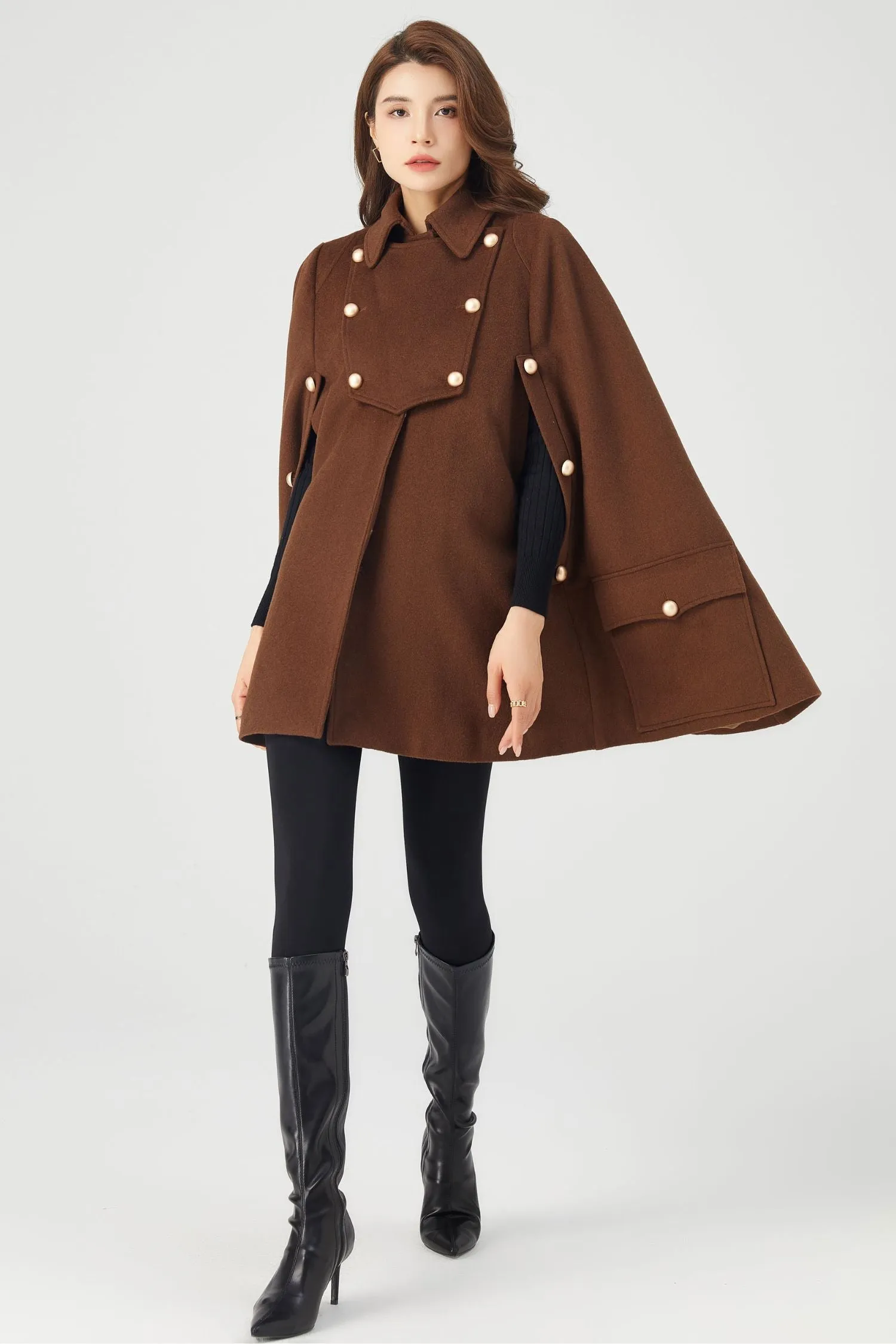 Brown winter wool cape coat women C3685