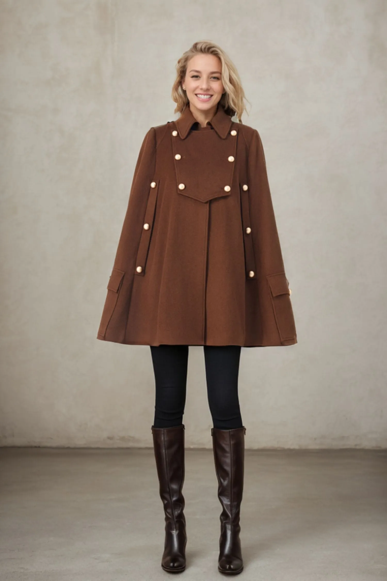Brown winter wool cape coat women C3685