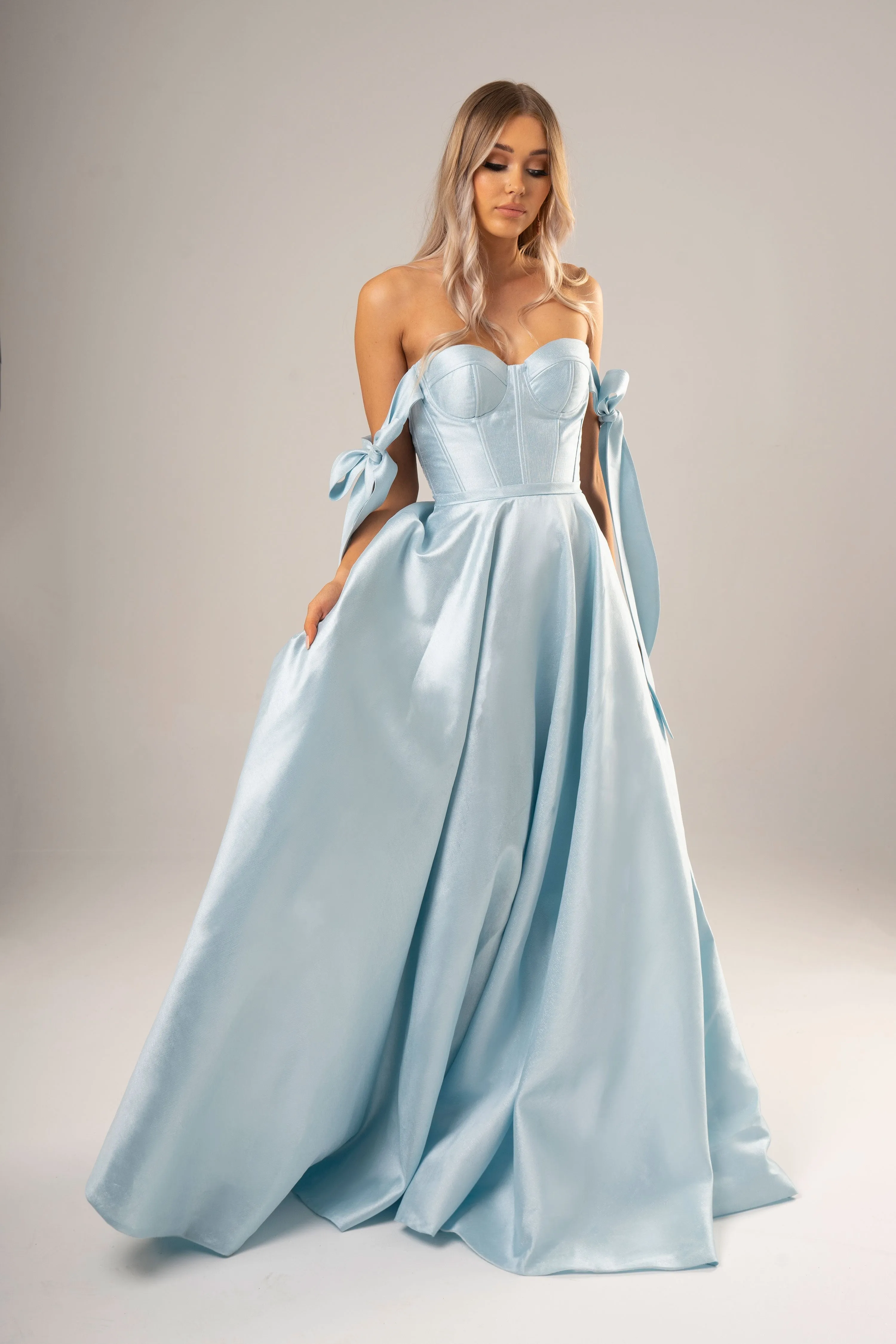 Bustier corset pastel blue dress with bows for hire