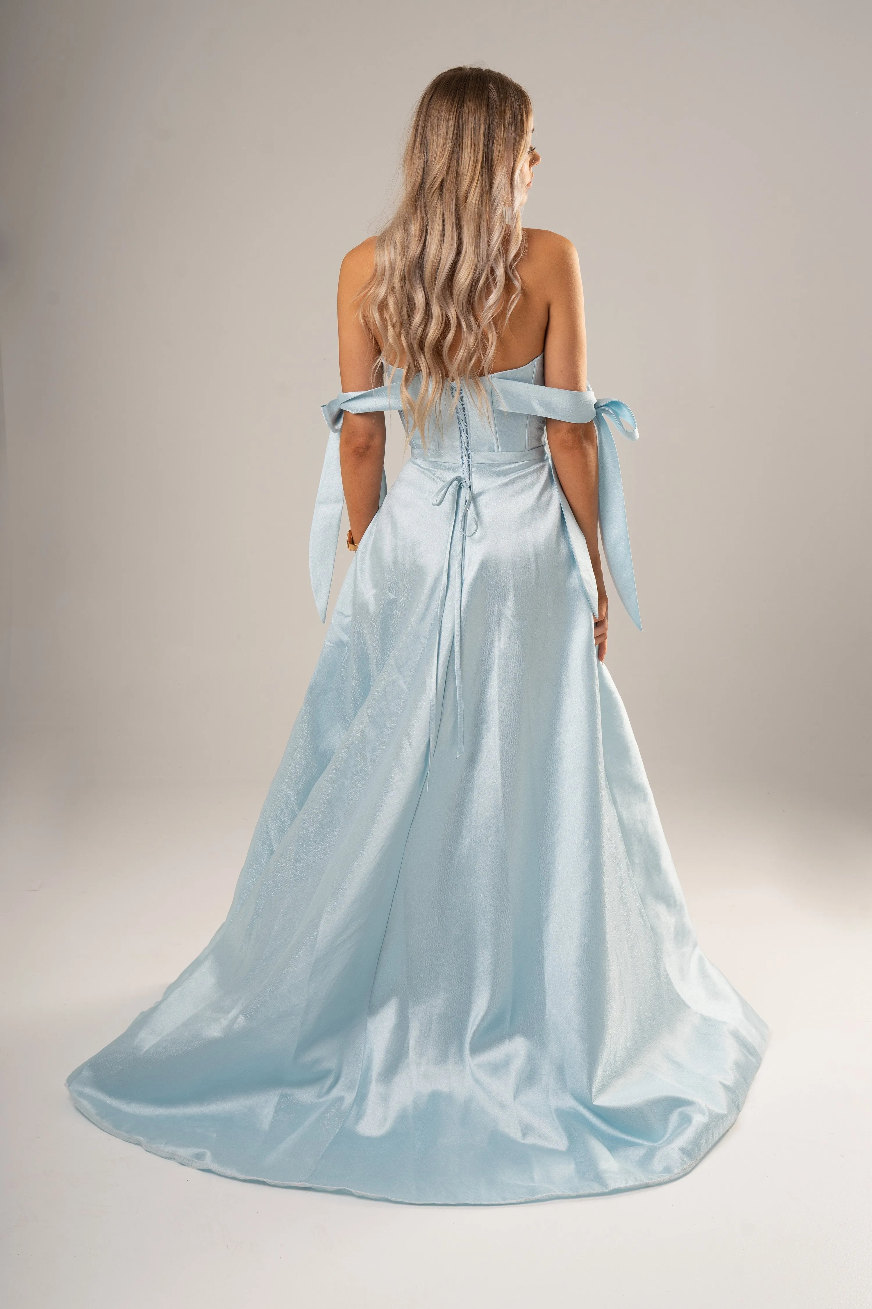 Bustier corset pastel blue dress with bows for hire