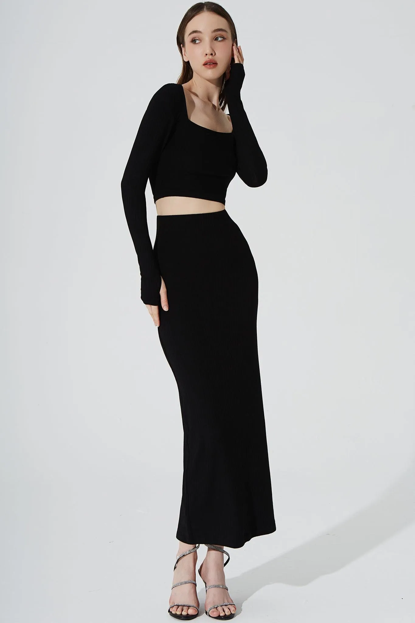 Calista Knitted Slit Skirt - Noir
