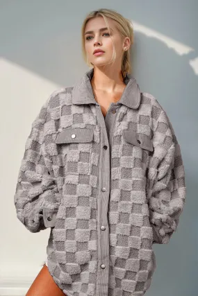 Call Me Boujee Fuzzy Checkered Shacket- Grey