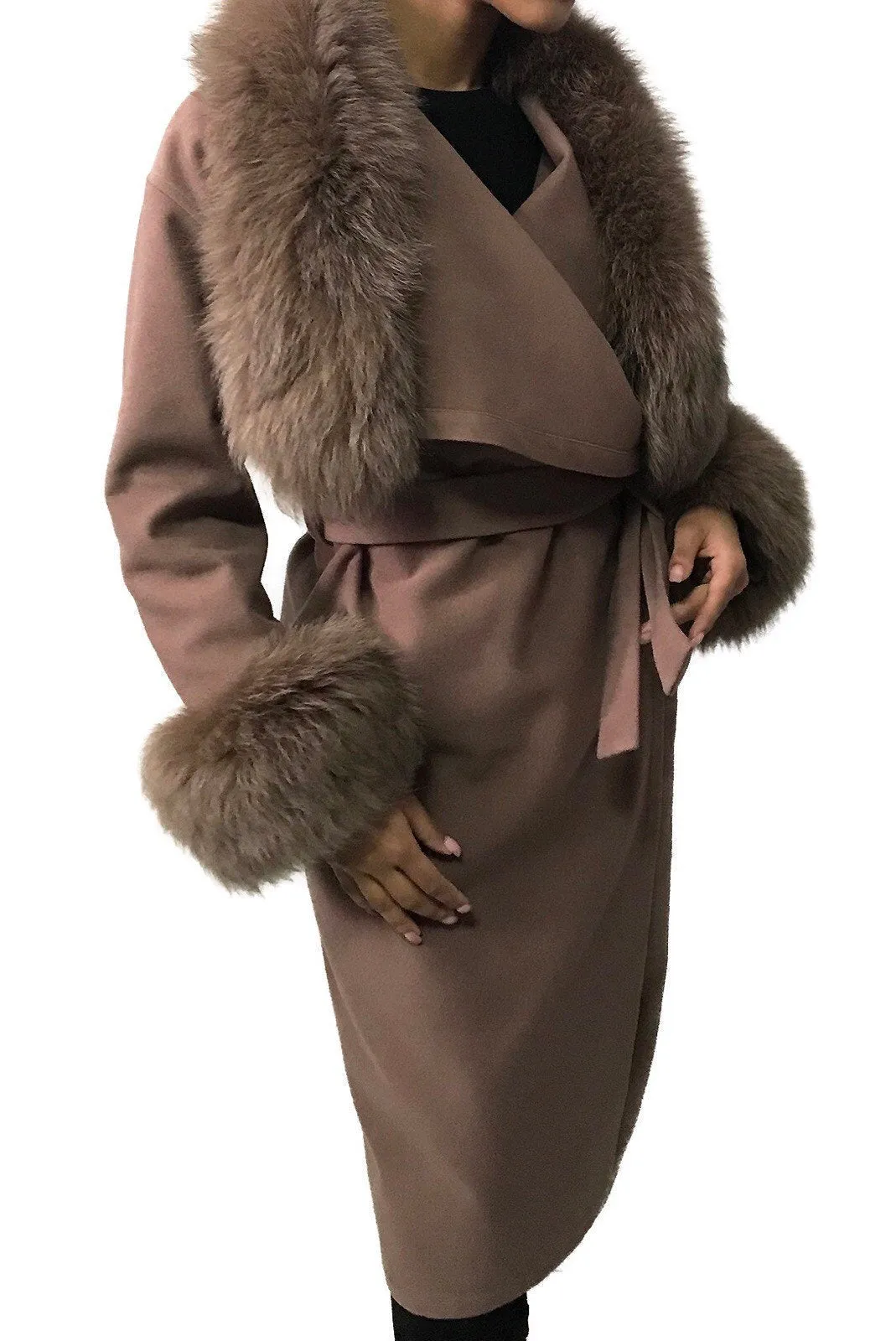Camel Wrap Elegant Women coat, Long Belted Feminine Overcoat Trim Fox Fur, Woolen blend Coat Wrap