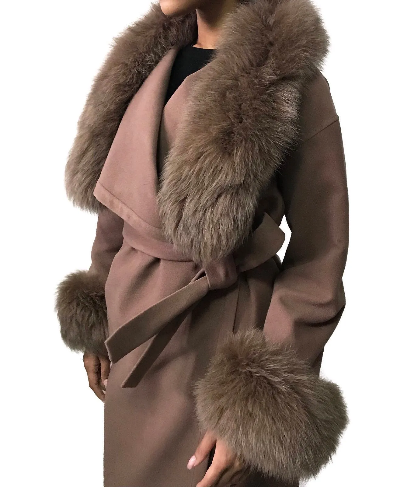 Camel Wrap Elegant Women coat, Long Belted Feminine Overcoat Trim Fox Fur, Woolen blend Coat Wrap