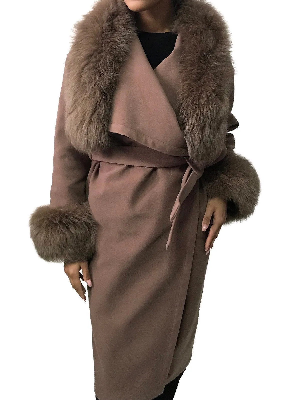 Camel Wrap Elegant Women coat, Long Belted Feminine Overcoat Trim Fox Fur, Woolen blend Coat Wrap