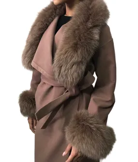 Camel Wrap Elegant Women coat, Long Belted Feminine Overcoat Trim Fox Fur, Woolen blend Coat Wrap